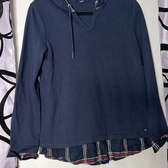 Tommy Hilfiger Womens Layered Plaid Comfy Hoodie Navy Blue Size Small - Picture 6 of 11